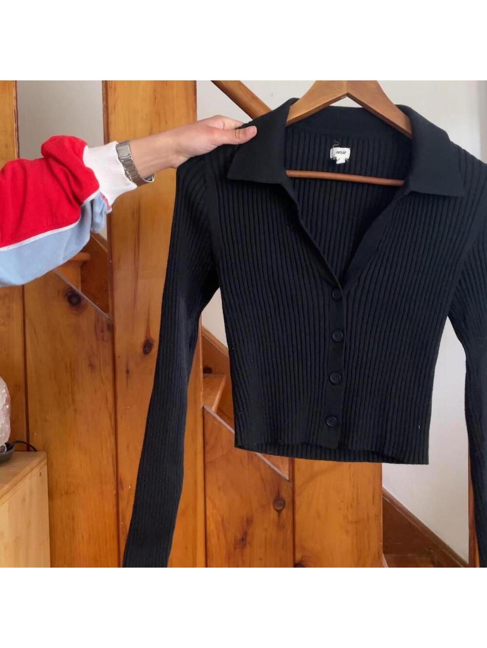 Aerie black long sleeve collared button up cardigan top Size S